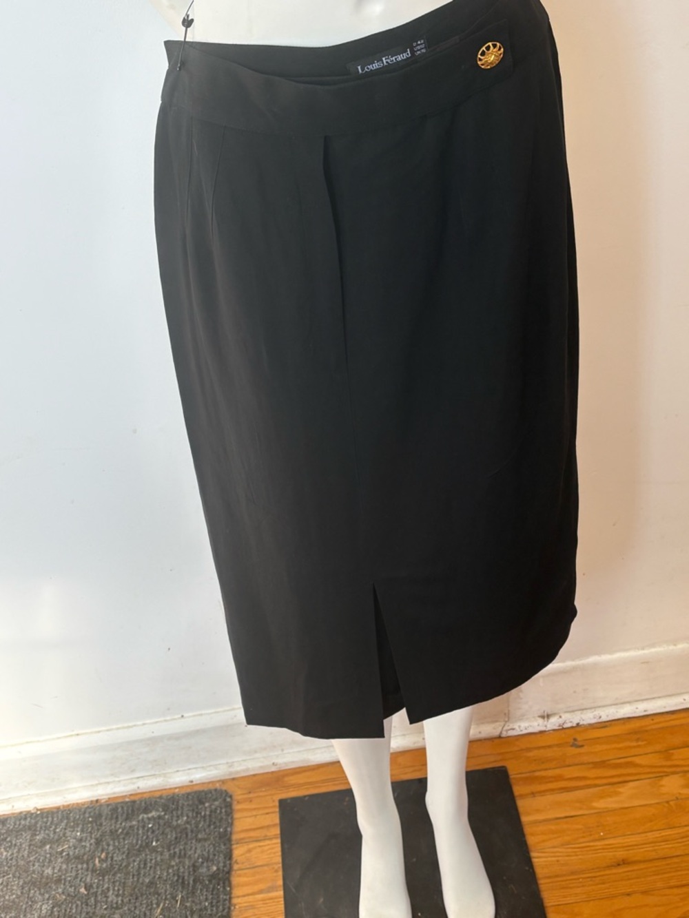 Louis Feraud Dark Blue Midi Pencil Skirt with Gold Button Accent